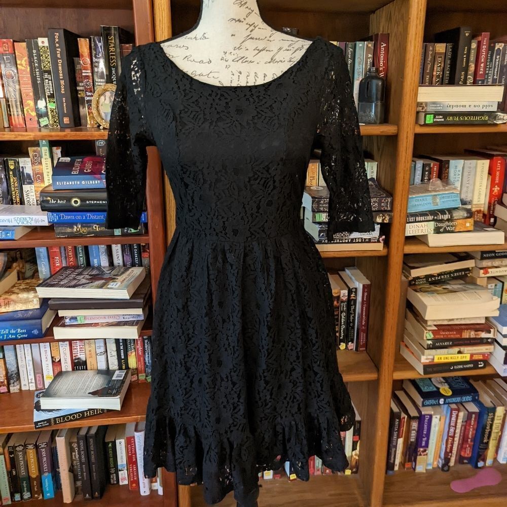 RARE London black lace scoop neck and back 3/4 sleeve a line mini dress sz L nwt